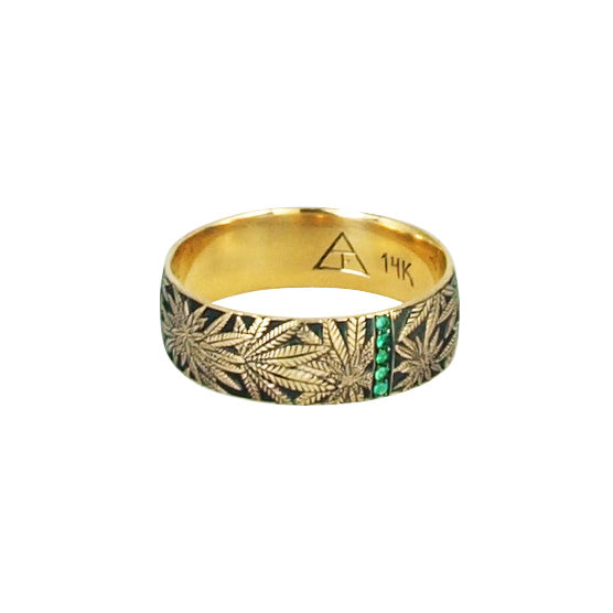 Cannabis Gold Hand Engraved Band with Emeralds - Cannabis Jewelry Collection - Third Eye Assembly