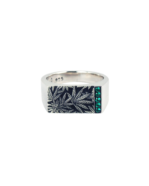 Cannabis Signet Silver Ring with Emeralds - Cannabis Jewelry Collection - Third Eye Assembly