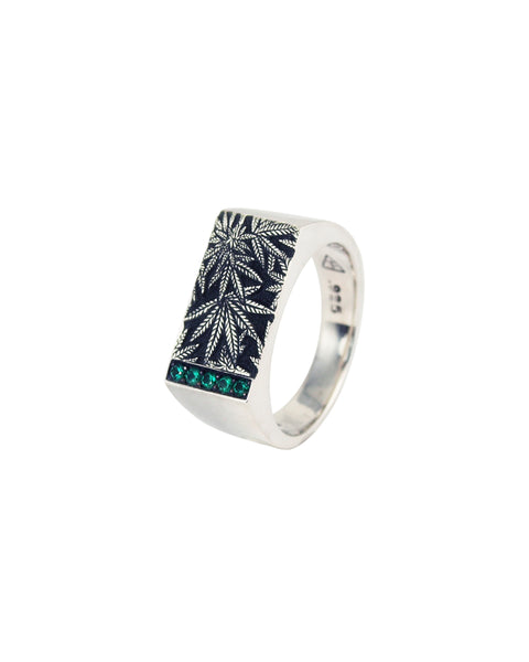 Cannabis Signet Silver Ring with Emeralds - Cannabis Jewelry Collection - Third Eye Assembly