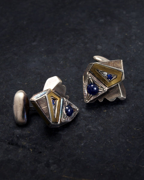 Blue Sapphire and Diamond 24k Gold Inlay Cufflinks - Lattice Collection - Third Eye Assembly