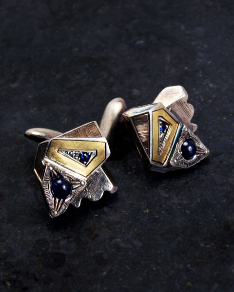 Blue Sapphire and Diamond 24k Gold Inlay Cufflinks - Lattice Collection - Third Eye Assembly