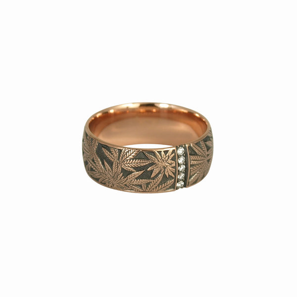 Cannabis Rose Gold Hand Engraved Band with Diamonds - Cannabis Jewelry Collection - Third Eye Assembly