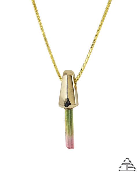 Pink Green Tourmaline Yellow Gold Crystal Talisman Pendant