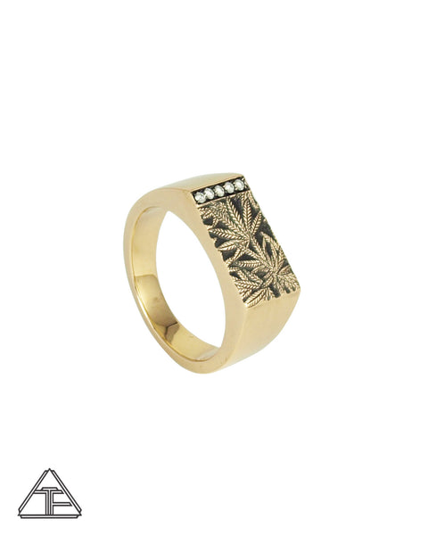 Cannabis Signet Gold Ring with Diamonds - Cannabis Jewelry Collection - Third Eye Assembly