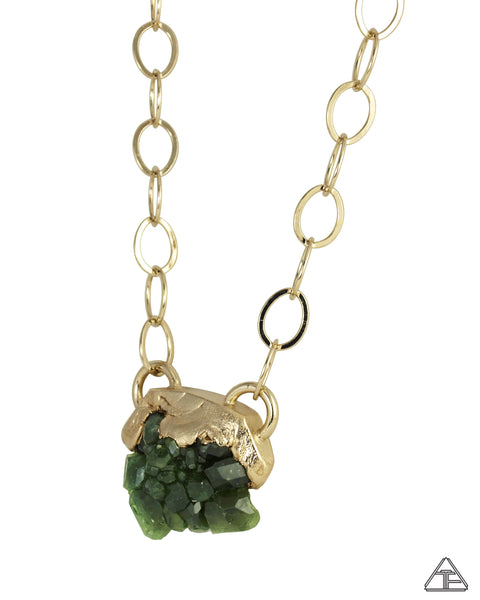 Large Demantoid Garnet Cluster Yellow Gold Crystal Talisman Pendant With Chain