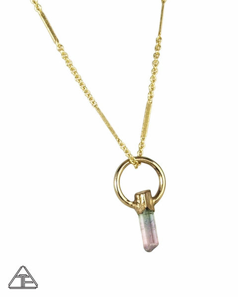 Pink/Green Tourmaline Small Yellow Gold Crystal Talisman Pendant