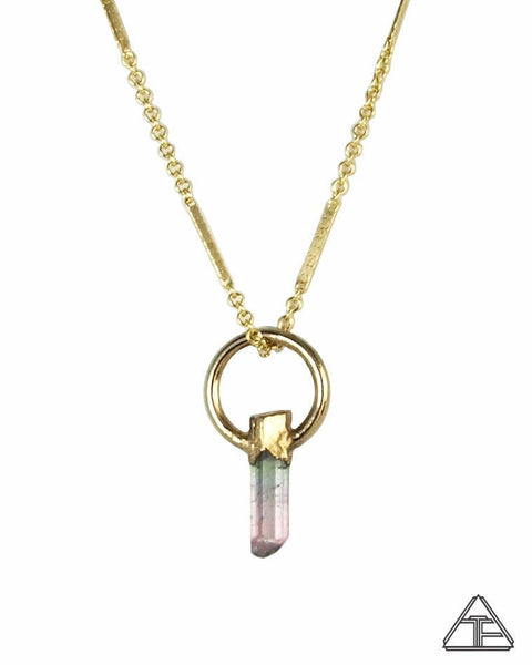 Pink/Green Tourmaline Small Yellow Gold Crystal Talisman Pendant