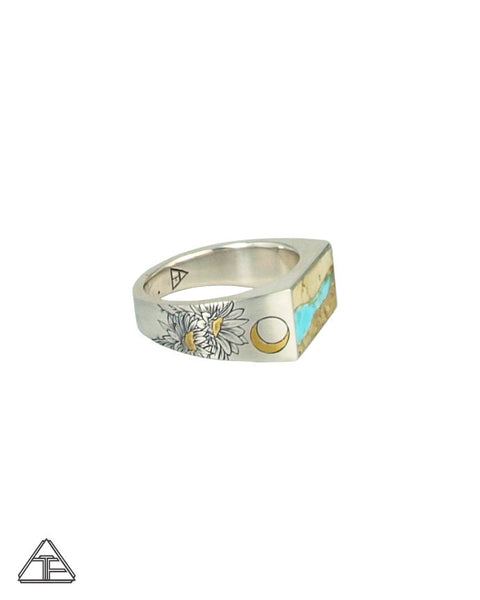 Lux Signet Ring: Inlay Turquoise Ribbon With Cactus Flower Engraving