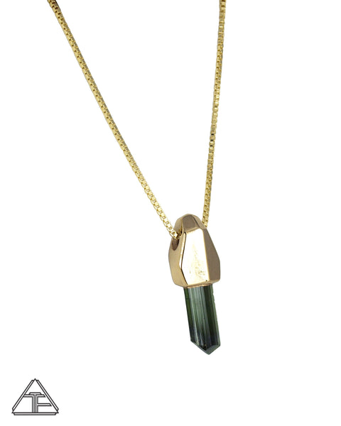 Green Tourmaline Yellow Gold Crystal Talisman Pendant