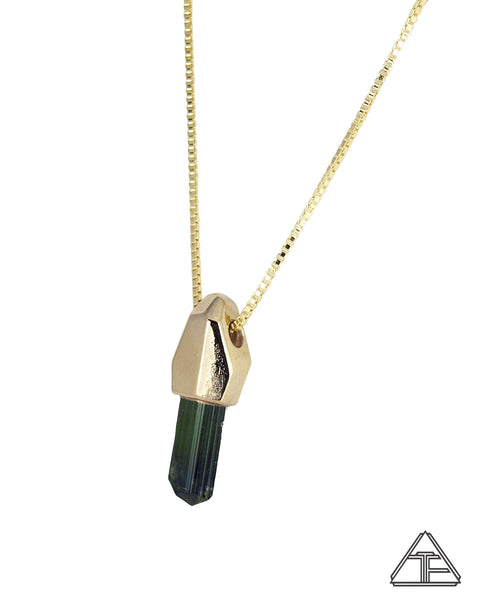Green Tourmaline Yellow Gold Crystal Talisman Pendant
