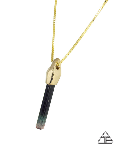 Multi-Color Green Tourmaline 14k Yellow Gold Crystal Talisman Pendant