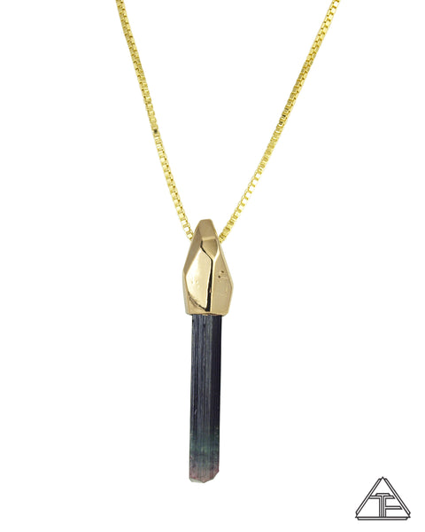 Multi-Color Green Tourmaline 14k Yellow Gold Crystal Talisman Pendant