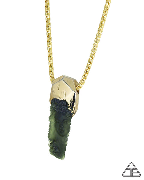 Large Moldavite Yellow Gold Crystal Talisman Pendant & Chain