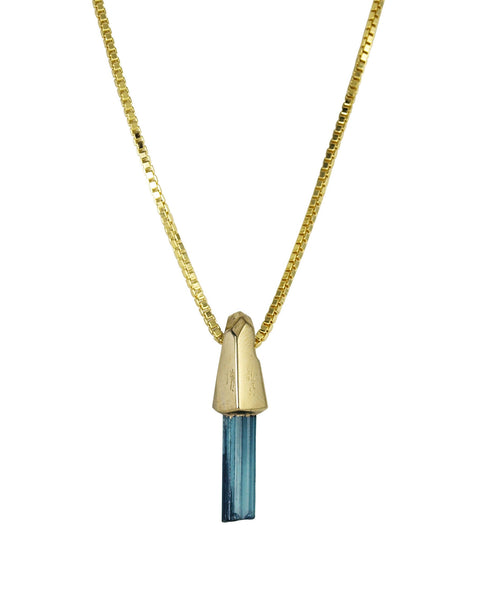 Indicolite Tourmaline Yellow Gold Crystal Talisman Pendant