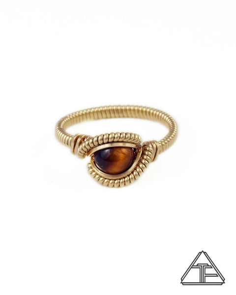 Size 6 - Tigers Eye Yellow Gold Wire Wrapped Ring