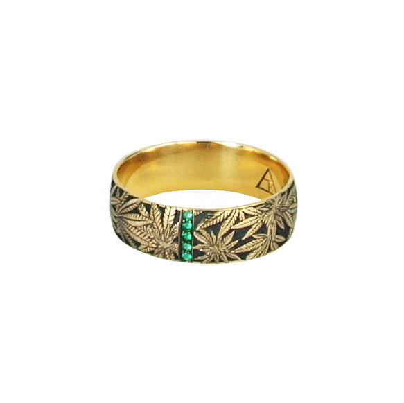 Cannabis Gold Hand Engraved Band with Emeralds - Cannabis Jewelry Collection - Third Eye Assembly