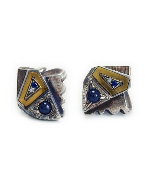 Blue Sapphire and Diamond 24k Gold Inlay Cufflinks - Lattice Collection - Third Eye Assembly