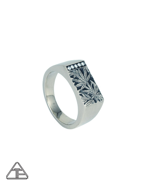 Cannabis Signet Silver Ring with Diamonds - Cannabis Jewelry Collection - Third Eye Assembly