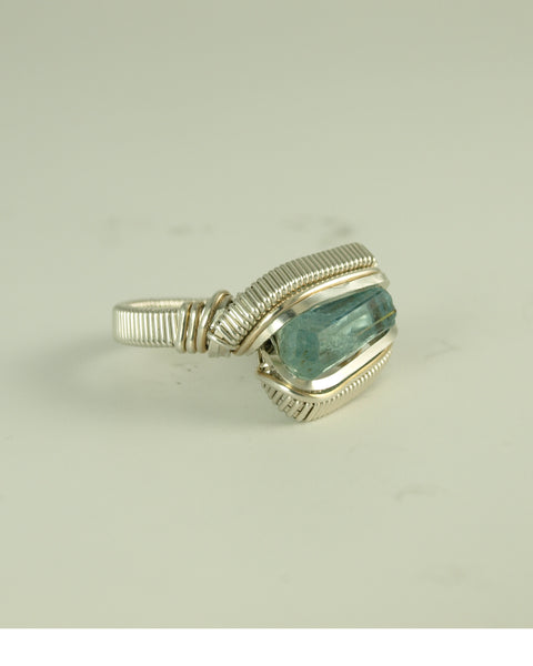 Size 9.5 - Aquamarine Sterling Silver Wire Wrapped Ring