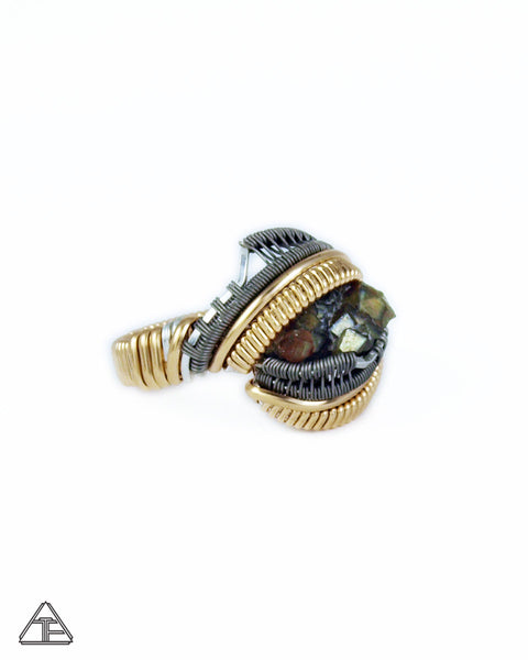 Size 4 - Rainbow Garnet Yellow Gold & Titanium Wire Wrapped Ring