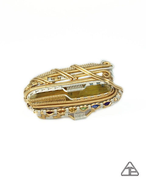 Size 9.5 and 11 - Heliodor + RGB gems Silver and Yellow Gold Wire Wrapped Double Ring