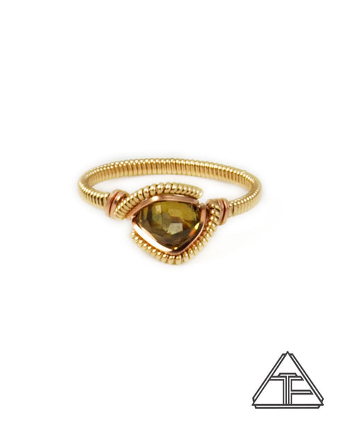 Size 9 - Sphene Yellow and Rose Gold Wire Wrapped Ring