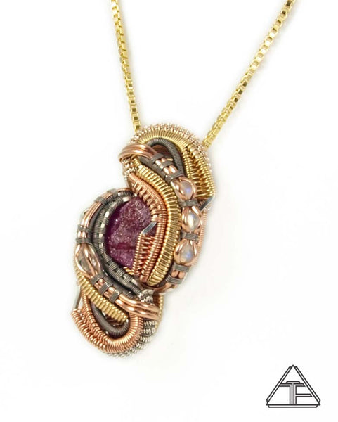 Ruby Titanium Yellow and Rose Gold Sterling Wire Wrapped Pendant