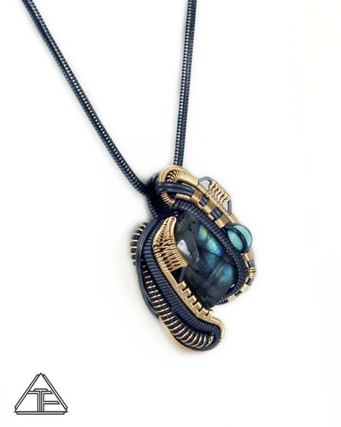 Labradorite and Turquoises Sterling Silver and Yellow Gold Wire Wrapped Pendant