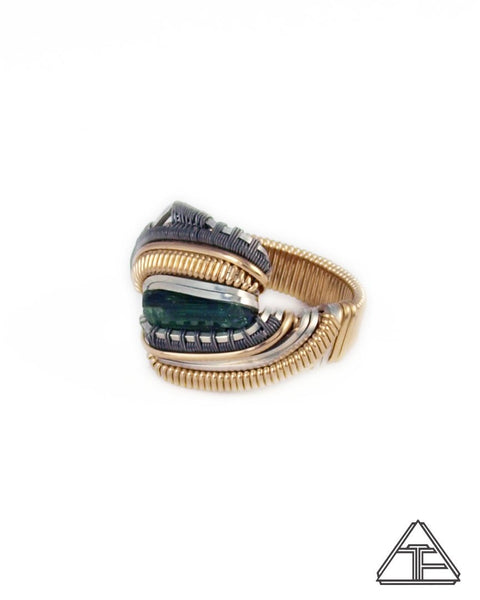 Size 8 - Green Tourmaline Yellow Gold + Silver + Titanium Wire Wrapped Ring