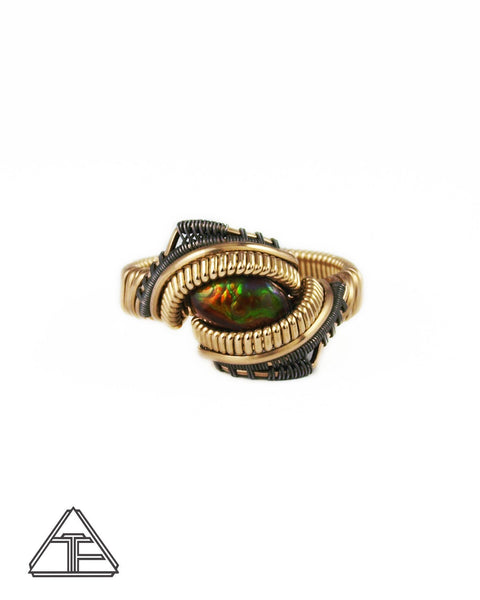 Size 8.5 - Fire Agate Yellow Gold and Titanium Wire Wrapped Ring