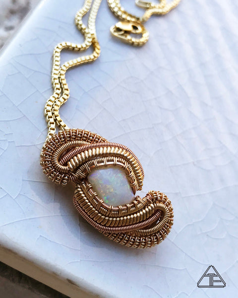 Australian Opal Yellow and Rose Gold Wire Wrapped Pendant