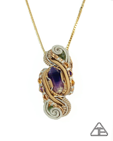 Amethyst Citrine Demantoid Garnet Yellow Gold and Silver Wire Wrapped Pendant