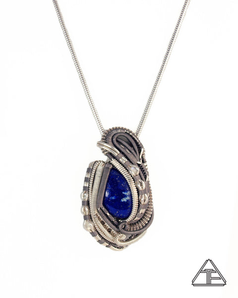 Lapis Lazuli Moonstone Titanium Sterling Silver Wire Wrapped Pendant