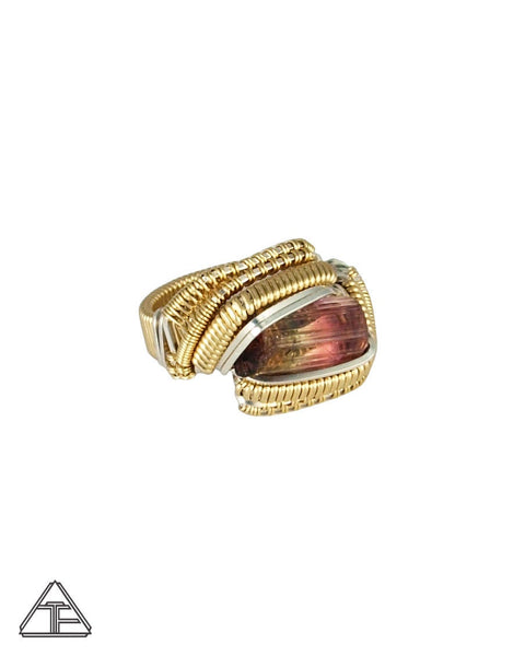 Size 6 - Multi-Color Tourmaline Yellow Gold and Silver Wire Wrapped Ring