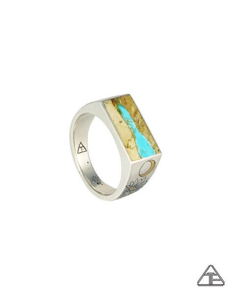 Lux Signet Ring: Inlay Turquoise Ribbon With Cactus Flower Engraving