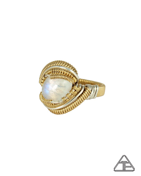 Size 8 - Moonstone 14K Yellow Gold and Sterling Silver Wire Wrapped Ring