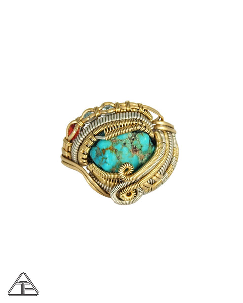 Size 11 - Turquoise Yellow Gold and Sterling Silver Wire Wrapped Ring