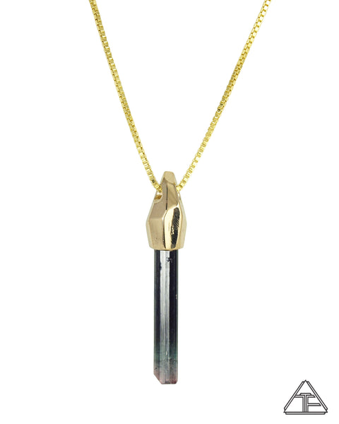 Multi-Color Green Tourmaline 14k Yellow Gold Crystal Talisman Pendant